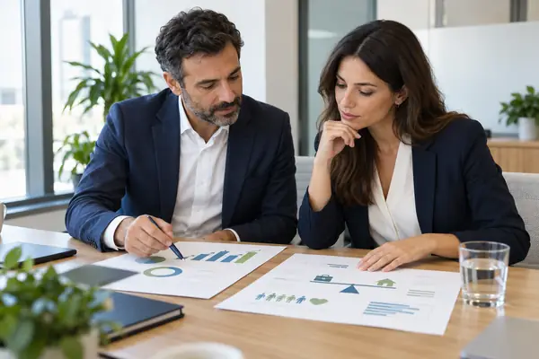 Consulente e responsabile HR analizzano KPI per la conciliazione vita familiare e lavoro